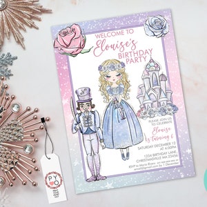 May include: A birthday party invitation with a watercolor illustration of a princess, a nutcracker, and a castle. The invitation is framed with pink and purple hues and includes the text "Welcome to Elouise's Birthday Party". Decorative snowflakes and floral accents surround the text.
