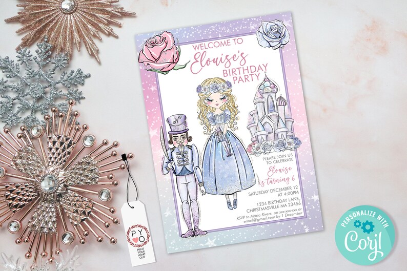 May include: A birthday party invitation with a watercolor illustration of a princess, a nutcracker, and a castle. The invitation is framed with pink and purple hues and includes the text "Welcome to Elouise's Birthday Party". Decorative snowflakes and floral accents surround the text.