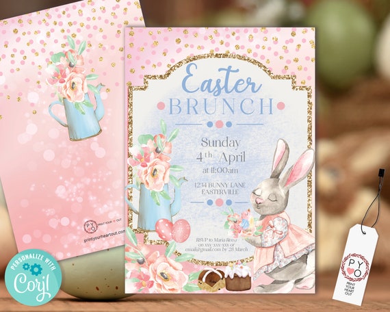 Pink Floral Easter Bunny Brunch Invitation Printable Template, Eggs Rabbit Invitation for Morning Tea, Pastel Bouquet Floral Invitation