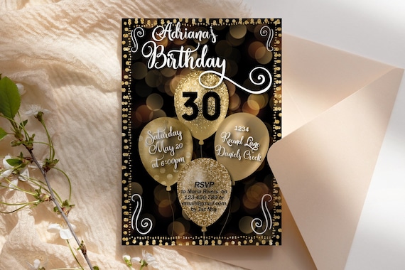 Any Age Yellow Gold Birthday Balloons Invitation Printable Template, Black Glitter Editable Text Birthday Party Invitation, Printable Card