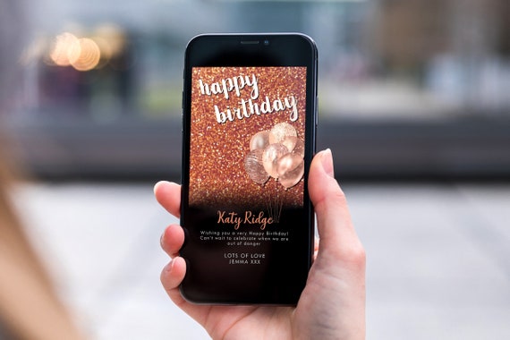 Rose Gold Glitter Balloons Electronic Birthday, Smartphone SMS Digital Editable template, EcoFriendly, Electronic Birthday Greeting