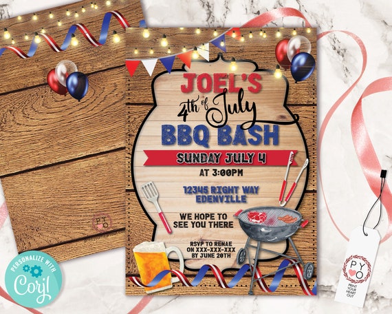 4th of July Wood BBQ Bash Invitation Printable Template, Red White Blue Balloons Flag Editable Grill Party, Independence Day Picnic Invite