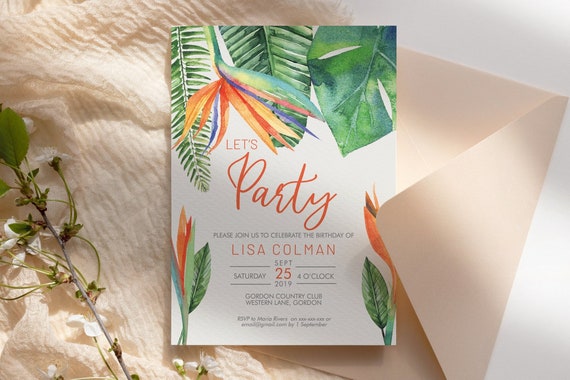 Any Age Birthday Invitation Printable Template, Lets Party Editable Birthday Invitation for Women, Printable Tropical Leaves Invitation