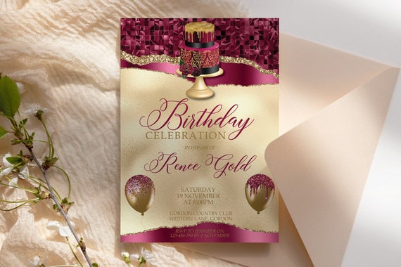 Burgundy Gold Cake Birthday Invitation Printable Template, Maroon Gold Glitter Editable Party for Women, Any Age Invite, Wine Balloons Foil