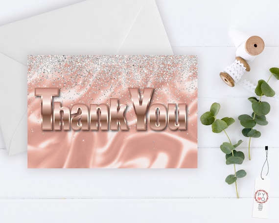 INSTANT DOWNLOAD - Rosegold Silver Glitter Thank You Card, Thank you postcard, Diy thank you card,  Thank you pdf, Thank you notes