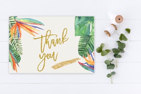 INSTANT DOWNLOAD - Thank You Card , Gold Glitter Bird of Paradise, Summer Spring, Tropical Orange Thank You, Printable Thank You Card