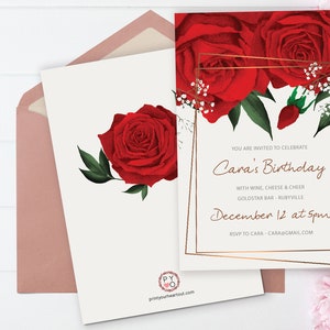 May include: Red rose floral birthday invitation with gold frame. The invitation text reads "You are invited to celebrate Cara's Birthday with wine, cheese & cheer Goldstar Bar - Rubyville December 12 at 5pm RSVP to Cara - cara@gmail.com"