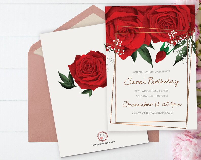 May include: Red rose floral birthday invitation with gold frame. The invitation text reads "You are invited to celebrate Cara's Birthday with wine, cheese & cheer Goldstar Bar - Rubyville December 12 at 5pm RSVP to Cara - cara@gmail.com"
