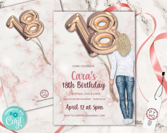 18th Birthday Rose Gold Marble Invitation Template, Blonde hair, Foil Balloon Editable Birthday Party Invitation for Women Girls, Printable