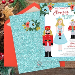 May include: A teal glitter birthday party invitation featuring illustrations of a nutcracker, a ballerina, and a mouse king. The invitation includes the text "Welcome to Elouise's Birthday Party" and event details.