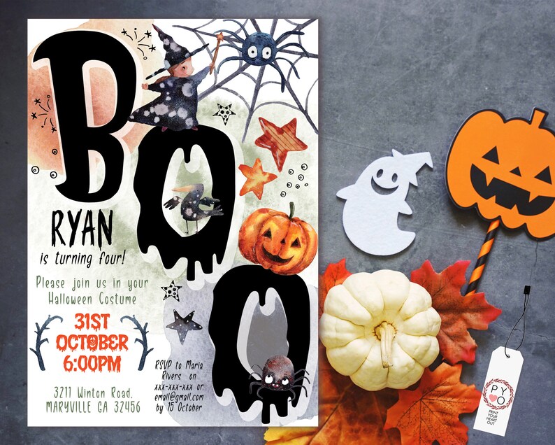 May include: Halloween-themed invitation with the word "BOO" in large black letters, featuring a witch, spider, and pumpkin illustrations. The invitation includes details for a Halloween party, including the date, time, and location.