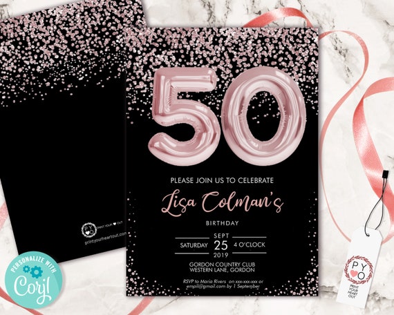 DIY 50th Birthday Pink Foil Balloon Confetti Invitation Printable Template, Black Pink Balloon Glitter Editable 50 Birthday Party Invitation