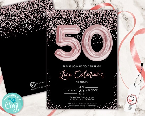 DIY 50th Birthday Pink Foil Balloon Confetti Invitation Printable Template, Black Pink Balloon Glitter Editable 50 Birthday Party Invitation