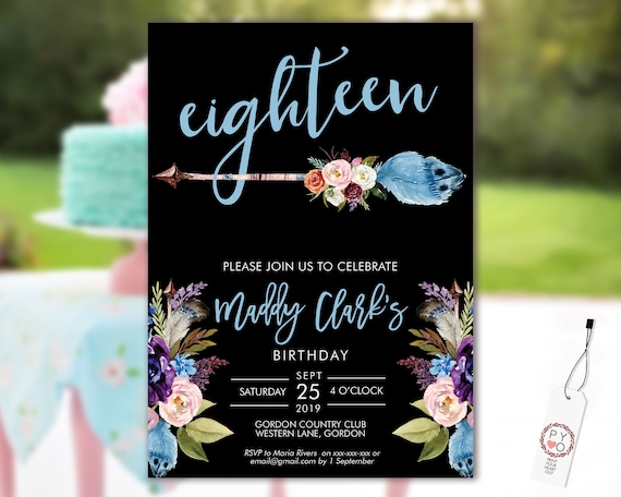 18th Birthday Blue Boho Arrow Invitation Printable Template, Blue Floral Editable Birthday Party Invitation for Women, Printable Invitation