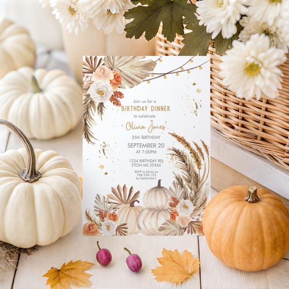 Fall Pumpkin Birthday Dinner Invitation: Pampas Grass, Palm Leaves (Editable Template)