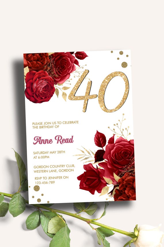 Red Floral Gold Glitter 40th Birthday Invitation, Glam Rose Party Invite (Digital Download)