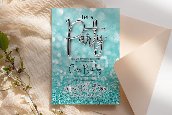 Aqua Turquoise Glitter Chrome Invitation Printable Template, Drinks Glitter Editable Birthday Lets Party Invite for Women, Blue Bokeh Lights