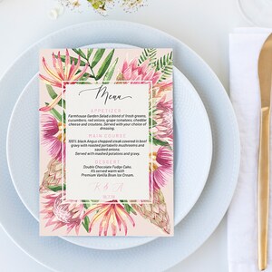 May include: A pink and green floral wedding menu with the text "Menu", "Appetizer", "Main Course", "Dessert", "K & A", and "18.2.19".
