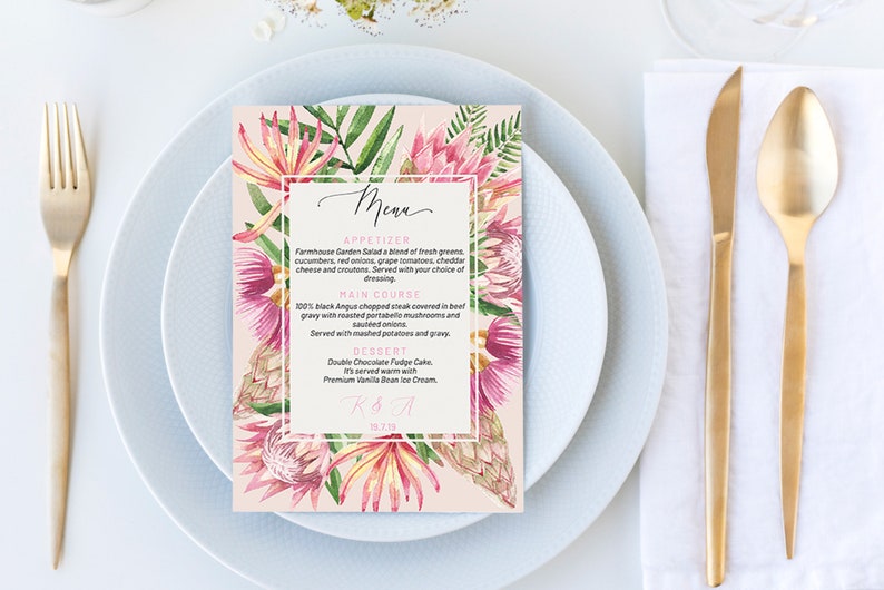 May include: A pink and green floral wedding menu with the text "Menu", "Appetizer", "Main Course", "Dessert", "K & A", and "18.2.19".