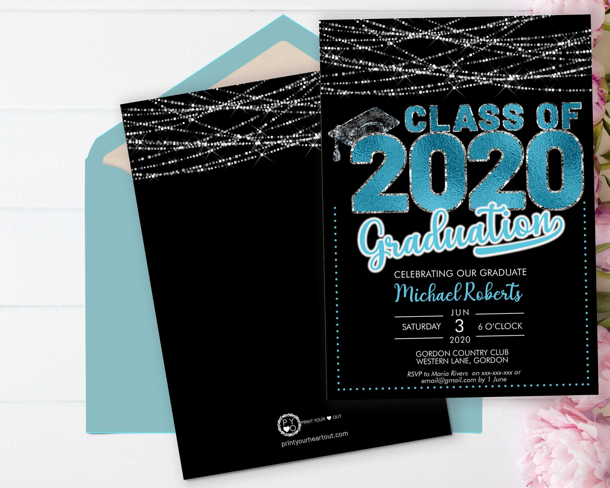 Class of 2020 Aqua Graduation Invitation Printable Template, Black
