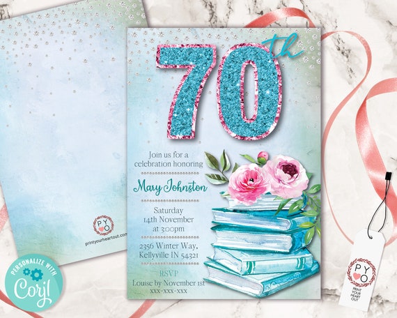 Aqua 70th Birthday Invitation Printable Template, Books Roses Pink Teal Editable Birthday Party Invitation for Women, Glitter Watercolor