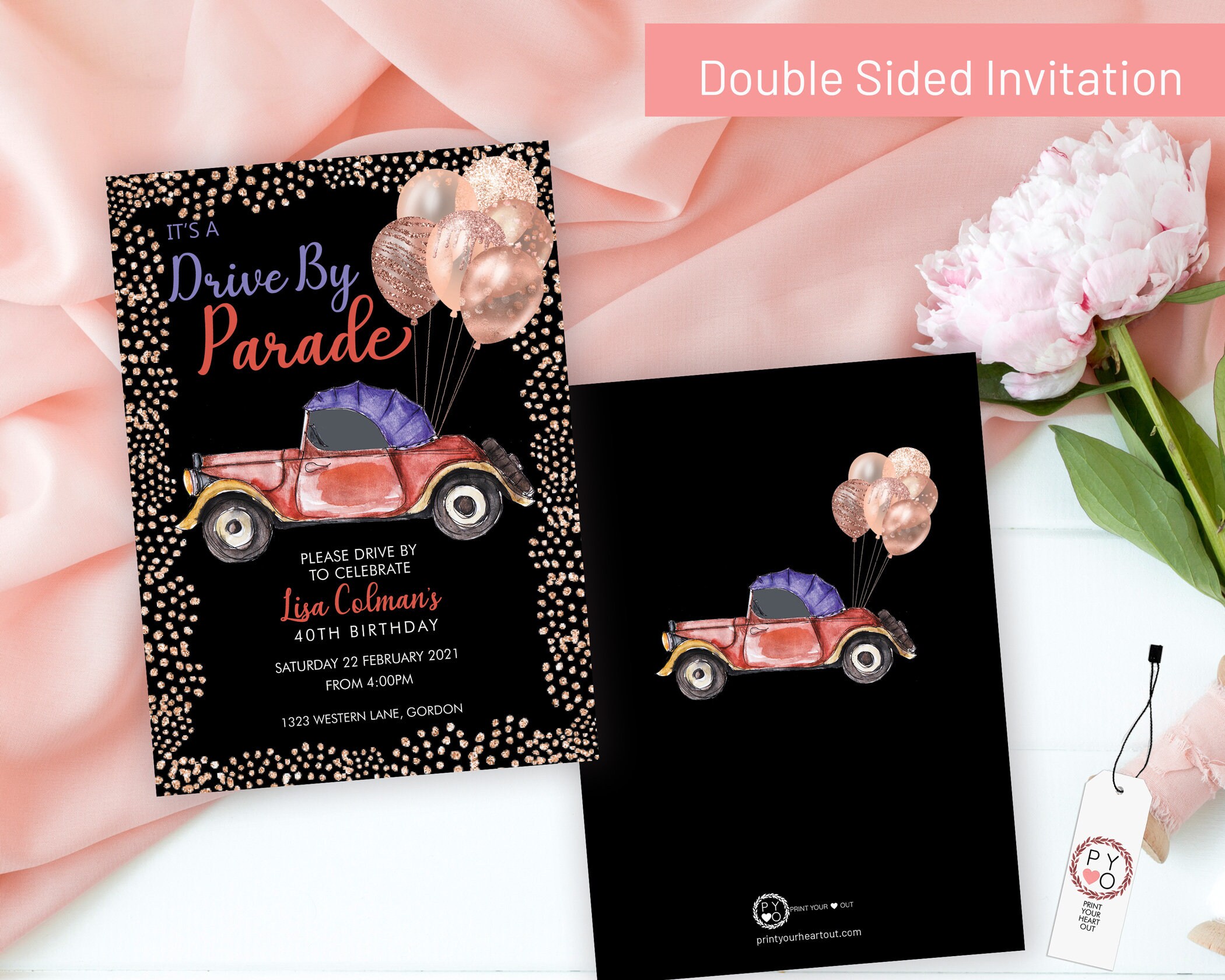 Drive By Rose Gold Birthday Balloons Invitation Printable Template