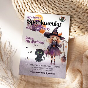 May include: A Halloween-themed birthday party invitation with the text "Let's have a Spooktacular Birthday Party". The invitation features a watercolor illustration of a witch, a black cat, and balloons. The invitation is for Jada's 7th birthday.