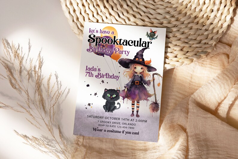 May include: A Halloween-themed birthday party invitation with the text "Let's have a Spooktacular Birthday Party". The invitation features a watercolor illustration of a witch, a black cat, and balloons. The invitation is for Jada's 7th birthday.