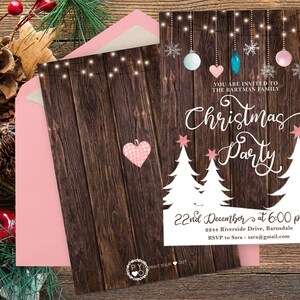 May include: Christmas party invitation with a rustic wooden background. The invitation features white Christmas trees, decorative ornaments, and the text "Christmas Party". A pink envelope and a heart-shaped ornament are also visible.