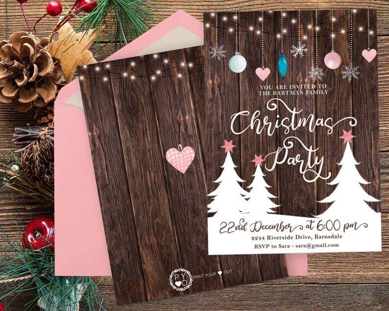 May include: Christmas party invitation with a rustic wooden background. The invitation features white Christmas trees, decorative ornaments, and the text "Christmas Party". A pink envelope and a heart-shaped ornament are also visible.