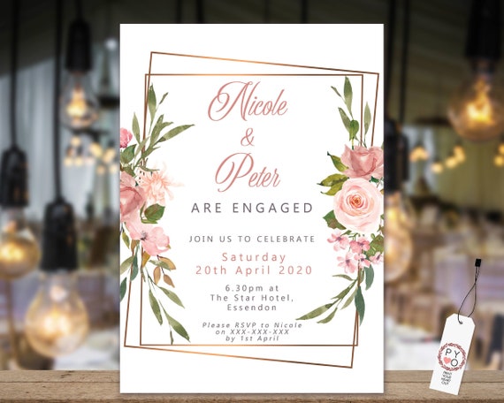 Pink Roses Gold Frame Engagement Invitation, Printable Invitation, Blush Engagement Invite, Couples Shower, Wedding Invite, Gold Frame