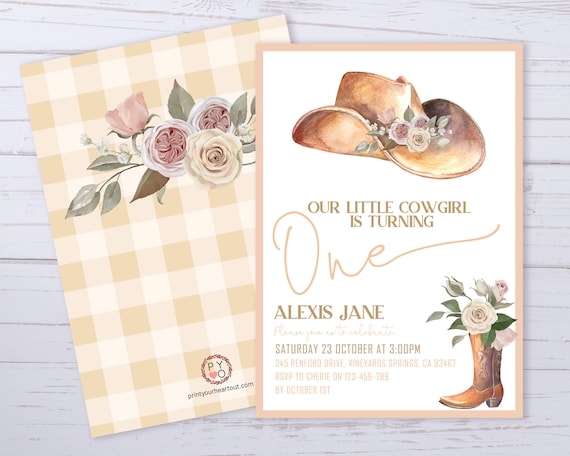 Gender Neutral Country Hat Boot Floral Birthday Invitation Printable Template, One Editable, First Birthday, Watercolor Invite, Any Age