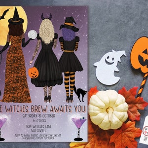 May include: Halloween-themed invitation featuring three witches, a full moon, and a bat silhouette. The invitation includes the text "THE WITCHES BREW AWAITS YOU" with event details. Additional decorations include a pumpkin, ghost, and fall leaves.