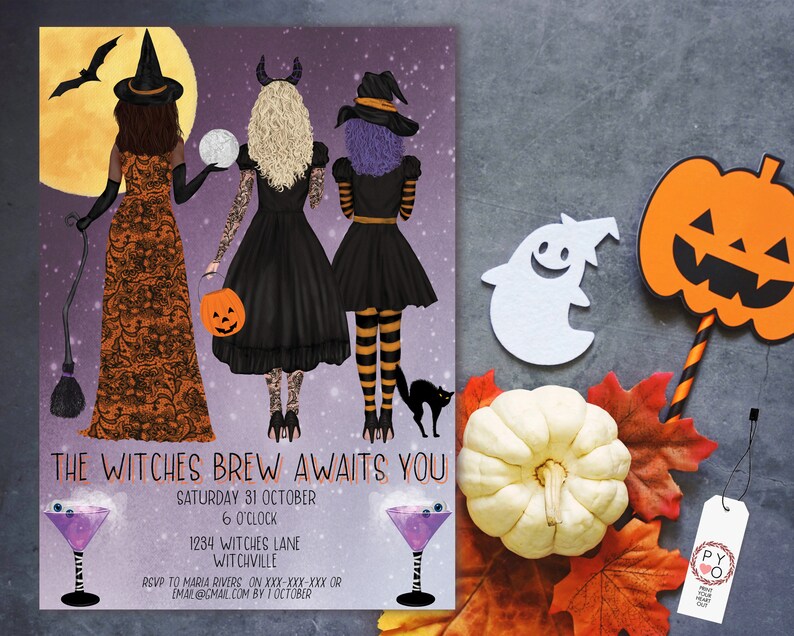 May include: Halloween-themed invitation featuring three witches, a full moon, and a bat silhouette. The invitation includes the text "THE WITCHES BREW AWAITS YOU" with event details. Additional decorations include a pumpkin, ghost, and fall leaves.