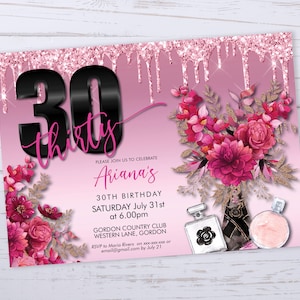 Pink Rosegold Birthday Invitation: Floral Orchids, Perfume (Printable Template)