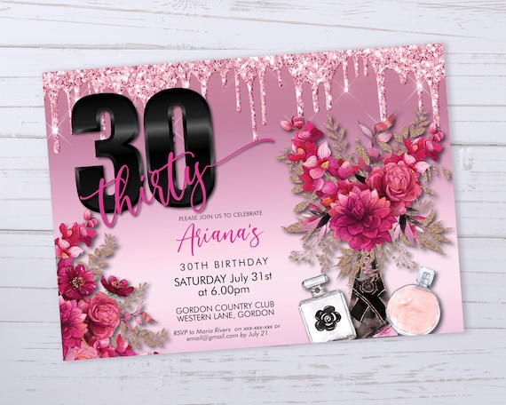 DIY Thirty Forty Fifty Pink Rosegold Champagne Perfume Birthday Invitation Printable Template, Floral Orchids Glitter Sparkle Invite