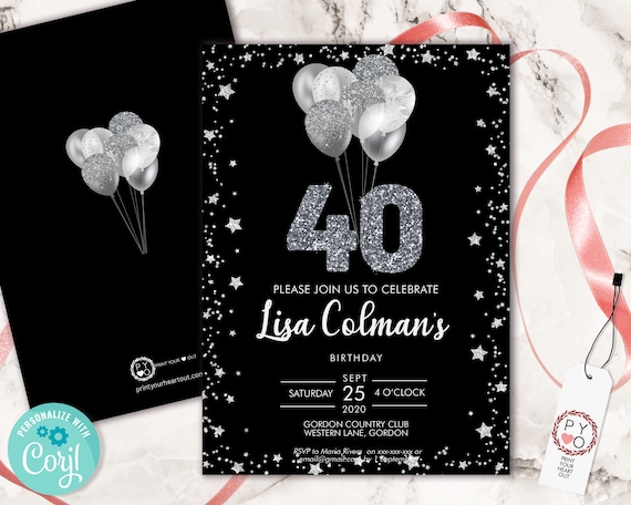 DIY 40th Birthday Balloons Invitation Printable Template, Black Silver Glitter Editable Birthday Party Invitation for Women, 40th Printable