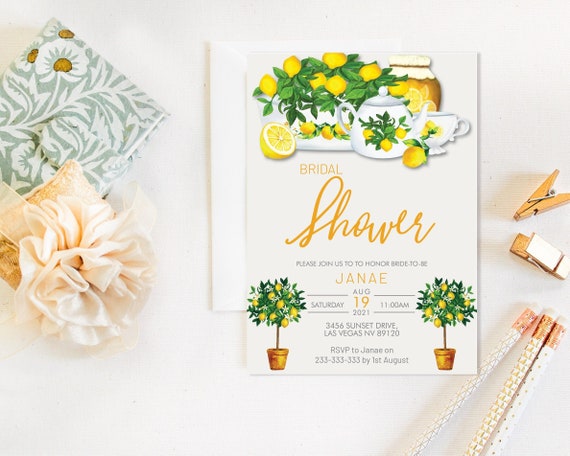 Country Lemons Bridal Shower Invitation, Rustic Citrus Shower Invitation, Printable Yellow Shower, Editable Template, Watercolor Topiary