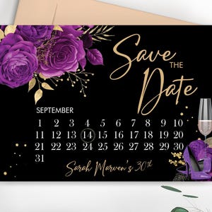 Lila Glitzer Schuhe Kalender Sparen Sie unser Datum, Elegante Sparen Sie das Datum, druckbare Golddatum Blumenkarte, glamourösen Datumsretter Digital Save Date