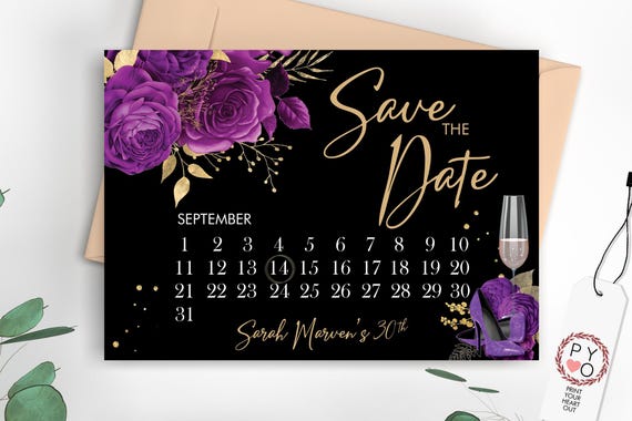 Purple Glitter Shoes Calendar Save Our Date, Elegant Save the Date, Printable Floral Gold Date Card, Glamorous Date Saver Digital Save Date