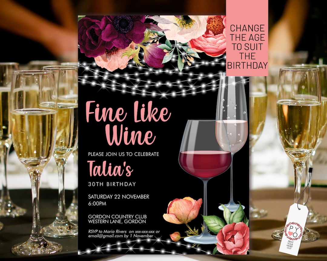 Wine Birthday Invitation Printable Template, Black White Sparkle — free download