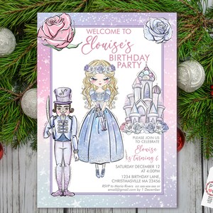 May include: A birthday party invitation with a watercolor design. The invitation features a princess, a nutcracker, and a castle. The text reads "Welcome to Elouise's Birthday Party". The invitation is decorated with pink and purple accents.