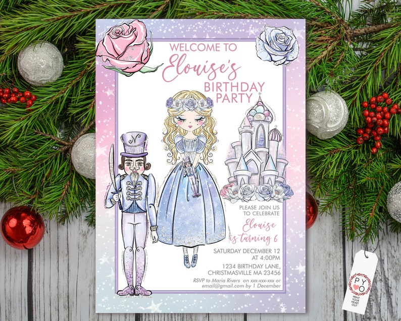 May include: A birthday party invitation with a watercolor design. The invitation features a princess, a nutcracker, and a castle. The text reads "Welcome to Elouise's Birthday Party". The invitation is decorated with pink and purple accents.