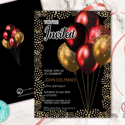 Printable Red Birthday Party Invitation Red and Gold Birthday Etsy