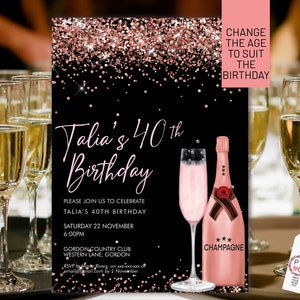 Modèle imprimable d'invitation de paillettes d'or rose champagne, invitation de fête d'anniversaire modifiable de paillettes de boissons pour les femmes, carte imprimable