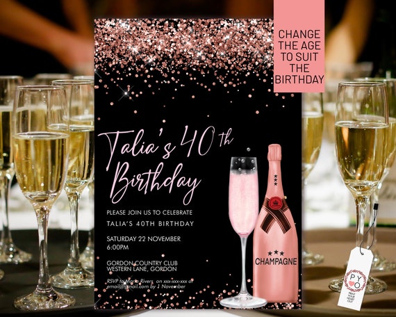 Pink Champagne Rosegold Glitter Invitation Printable Template, Drinks Glitter Editable Birthday Party Invitation for Women, Printable Card