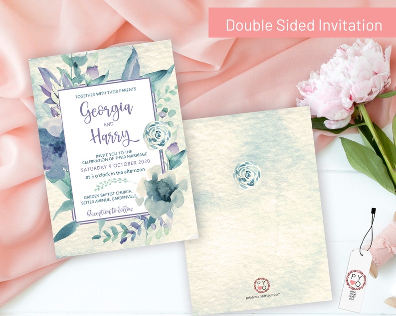 Spring Flowers Invitation Pastel Invite Watercolor Mauve Invitation Printable Blue Lilac Floral Wedding Invitation Editable Template