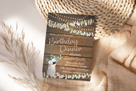 DIY Any Age Birthday Rustic Wood Cotton Eucalyptus Invitation Printable Template, Editable Barn Dinner Party Invite, Country Gold Lights