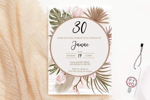 Boho Tropical Orchid Birthday Invitation, Modern Monstera Palm Leaf Invitation, Printable Lunch Dinner Party, Dried Plant Editable Template