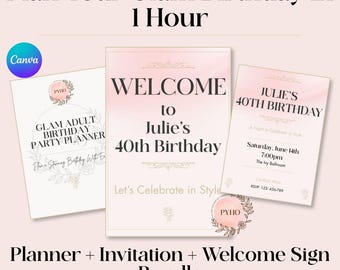 Blush Nude Glam Birthday Bundle | Editable Canva Invitation, Welcome Sign & Party Planner | 40th Celebration Template | Adult Event Guide